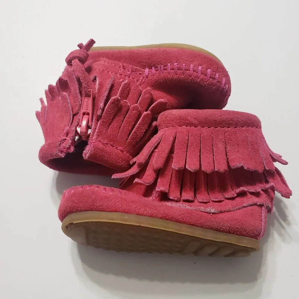 Minnetonka Girls 1 Ankle Booties Leather Pink Double Fringe Side Zip Shoes‎